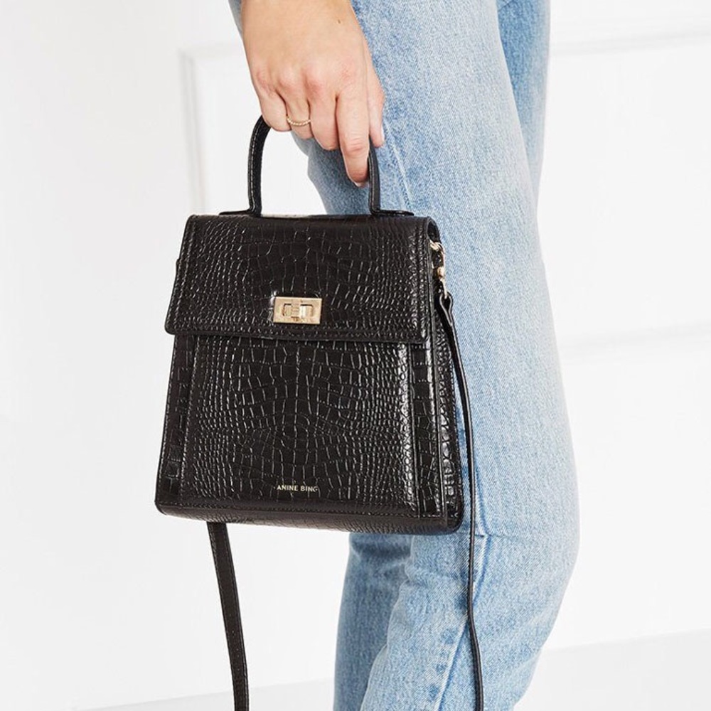 NWT Anine Bing Katya Black Croc Leather Bag